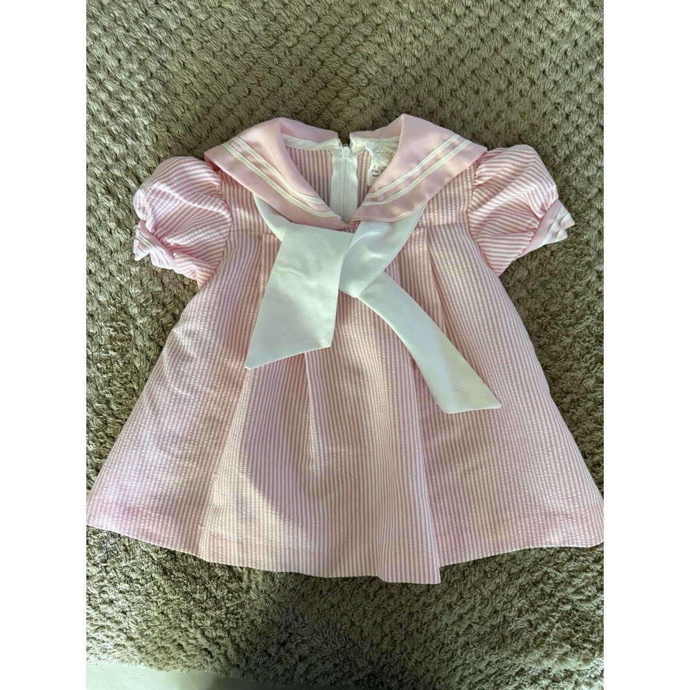 Vintage Little Bitty Striped Pink Sailor Embroidered Baby Dress 12 Months